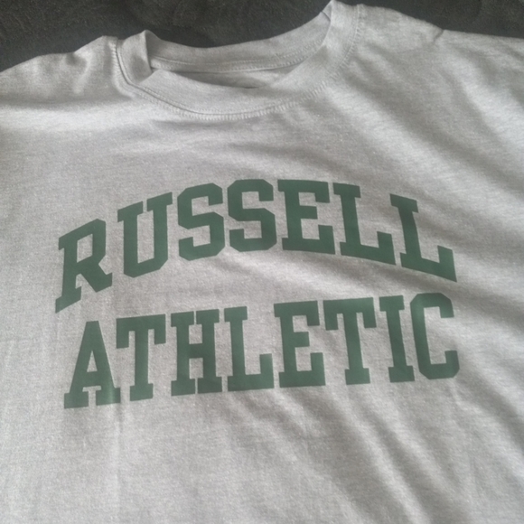 Russell Athletic Mens Size 2XL Russell Athletic Grey And Green Logo Crew Neck T - Picture 2 of 5